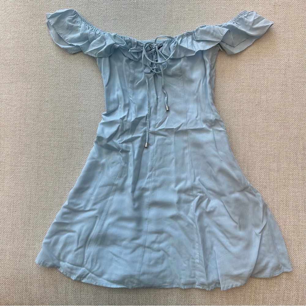 White Fox Boutique Light Blue Off-Shoulder Dress